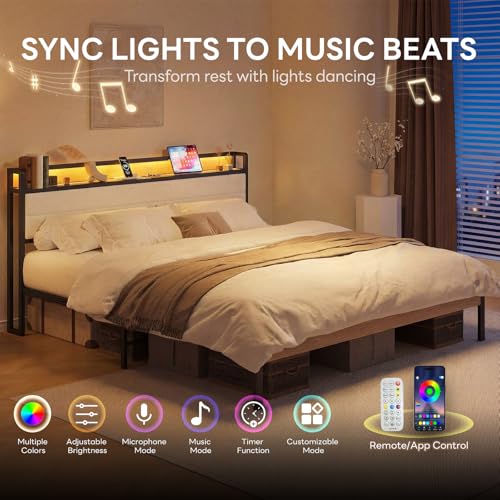 Image of LIKIMIO King Size Bed Frame, Storage Headboard with LED Lights and Charging Station, Metal Platform Bed No Box Spring Needed, Noise Free, Under Bed Storage, Natural and Cream