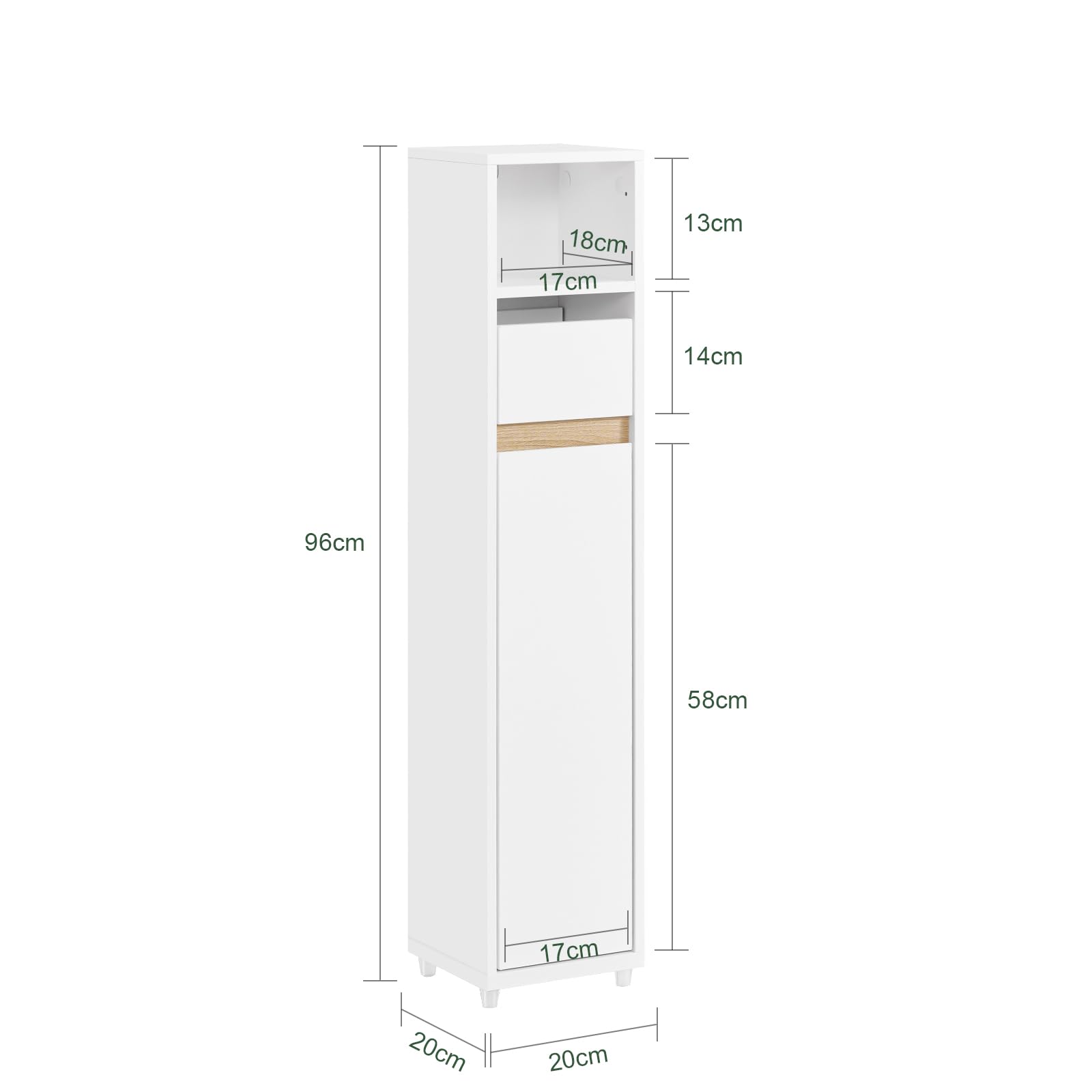 SoBuy Mobiletto Bagno Salvaspazio Colonna Stretta Armadietto Bagno con Cassetto & Ripiano Regolabile per Spazi Stretti WC Piccoli Bianco 20x20x96cm BZR151-W