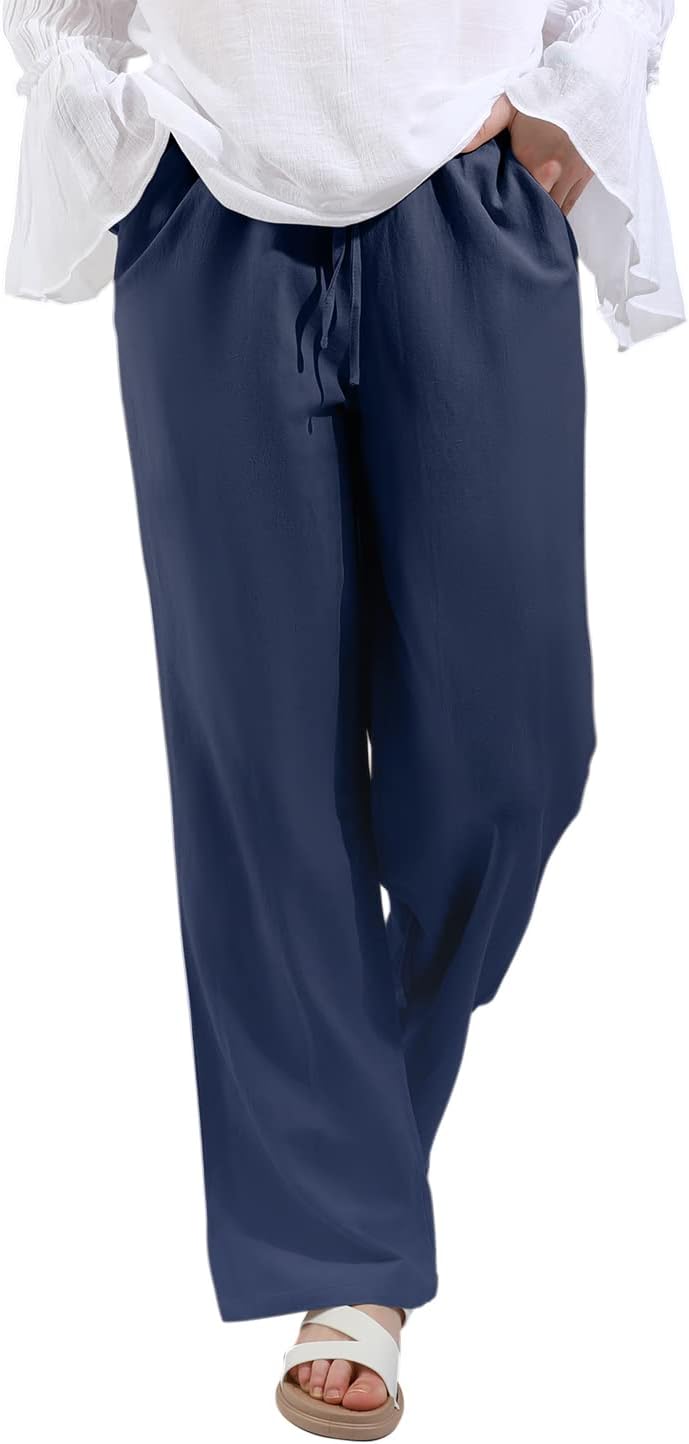 utcoco Women's Cotton Linen Drawstring High Waisted Pants Casual Loose Fit Wide Leg Trousers - Image 4