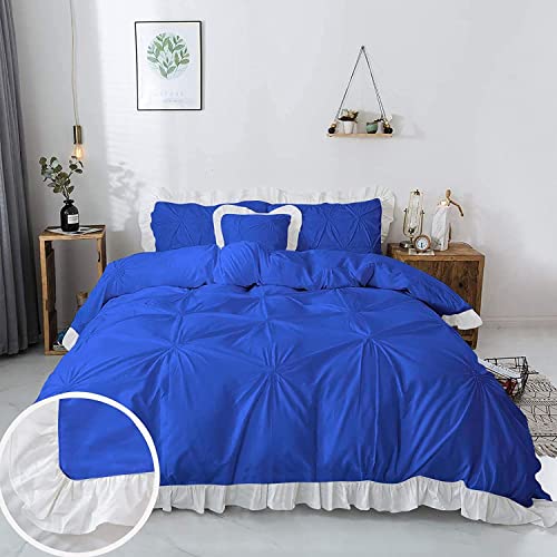 Image of 300 TC Pinch Ruffle 2 Tone Duvet /Razai /Blanket Cover with 2 Pillow Cover- 100% Cotton (Zipper Closure) Razai Cover 3 PC Set, Soft & Lightweight-Queen Size White /Royal Blue
