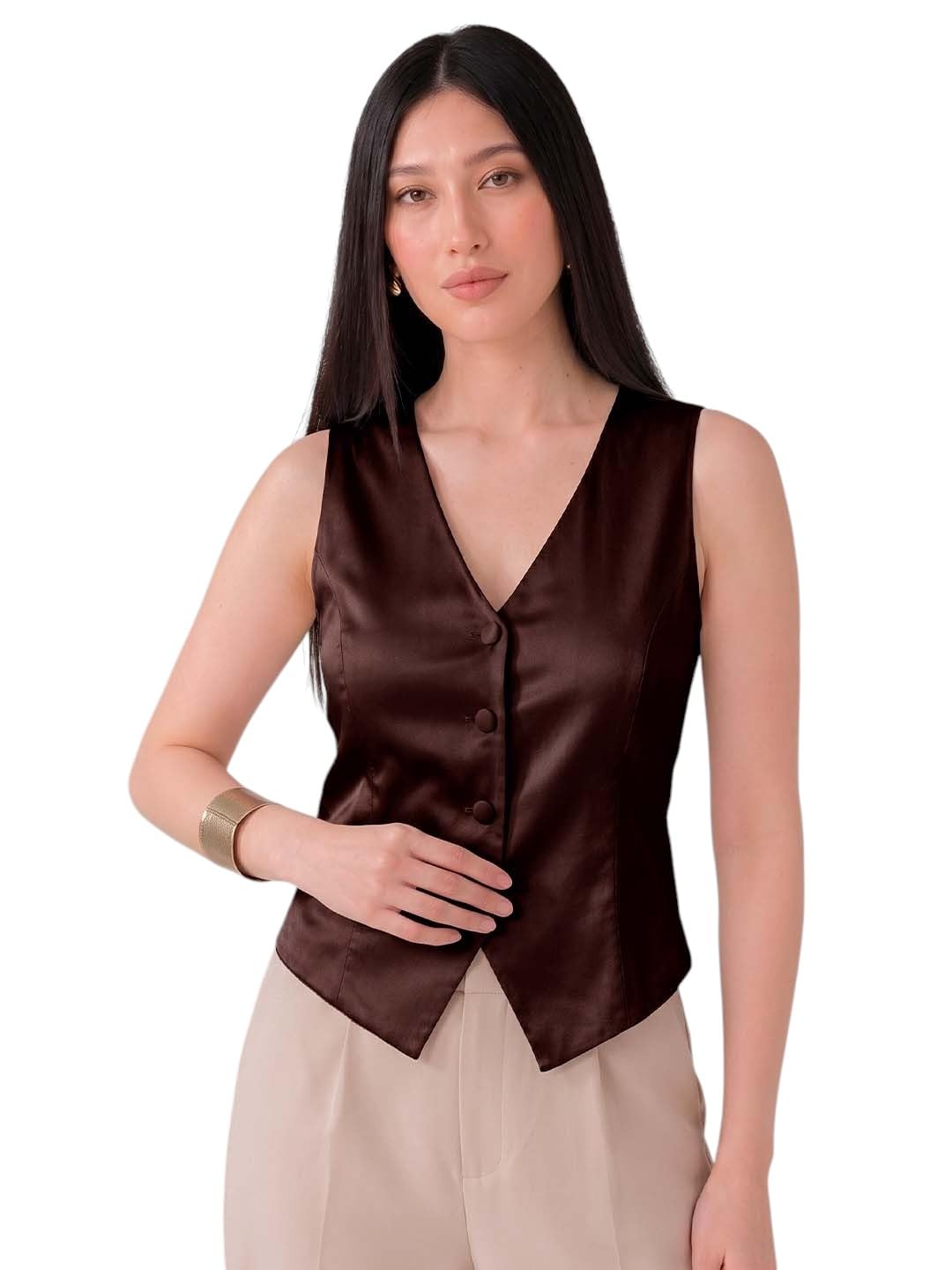 sizi Women's Satin Sleeveless V-Neck Button Waistcoat Crop Top, Stylish Western Summer Wear.-picture-0