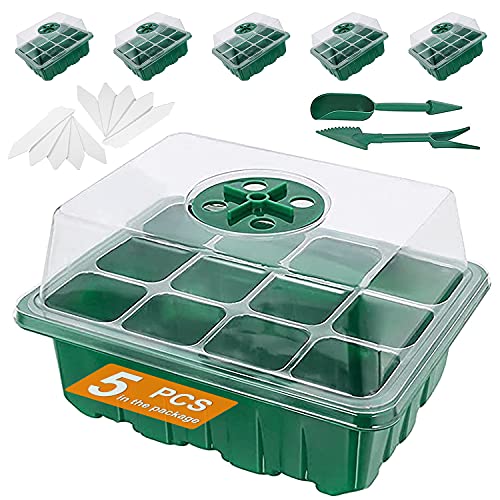 Zeqeey 育苗ポット12⽳ 育苗箱 苗箱 育苗種⼦トレイ 種まきハウス苗箱 発芽·育苗セット透明カバー5セット