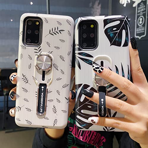 Lming Samsung Galaxy S20 Case With Finger Grip Strap,Green Leaf 3D Embossed Print Design Kickstand Phone Case With Ring Rugged Shockproof Bumper Dual Layer Protective Holder Cover For Galaxy S20 5G #TOP2