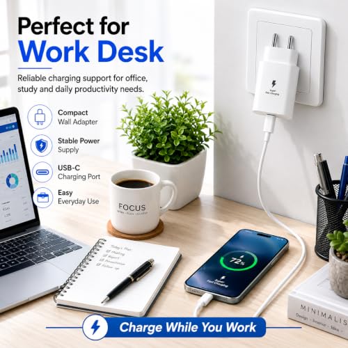 Image of Zybux 25Watt Super-Fast Power Adapter Compatible with Samsung Galaxy Z Fold 5 /S26 Plus /S25 /S24 /Ultra, Type C PD Wall Plug Charger for Mobile Phones, White Travel Friendly Safe Compact Charging Block