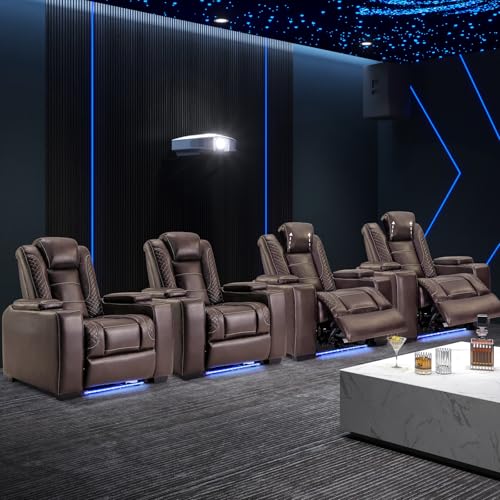 Image of ANJ Power Recliner Chairs Set of 4 for Adults, PU Leather Home Theater Seating with Adjustable Recline,LED Lighting,Arm Storage,USB,Cup Holders,Breathable Back, FSC Wood Frame,Brown