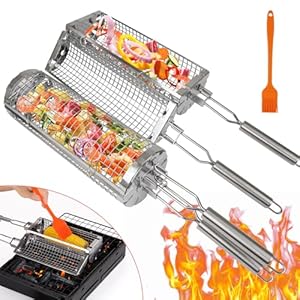 2-Stück Grillzubehör, Seitlicher Öffnung Zylindrischer Rotierender Grillkorb Set mit Edelstahl Griff für Gemüse, Fleisch, Meeresfrüchte am Außengrill, Geschenke Geburtstagsgeschenk für Männer Papa