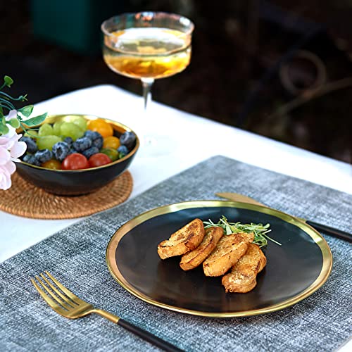 Pokini Matte Black Porcelain Dinnerware Set 12 Piece Service For 4, Dishes, Round Plates, Bowls, Golden Rim Dish Set For Home Decor #TOP3