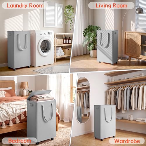 Image of Slim Laundry Hamper with Wheels,20 Gal (75L) Rolling Laundry Basket with lid and wheels Clothes Hamper Foldable Tall Dirty Clothes Basket Sturdy Collapsible Clothes Hamper for Dorm,Laundry Room