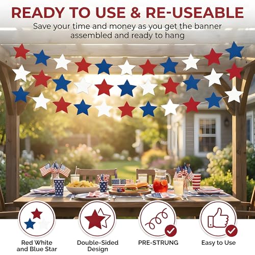 Image of 4th of July Decorations - Patriotic Star Garland | Red White Blue Streamers Banner - Fourth of July Decorations for Memorial Day ,250 Anniversary USA Merchandise Accessories Party Favors for Outdoor Indoor Home,4 Pack