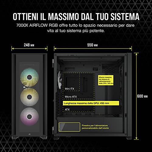 iCUE 7000X RGB Case per PC Intelligente ATX Full-Tower, Tre Pannelli in Vetro Temperato, Quattro Ventole RGB da 140 mm Incluse, Generoso Spazio Interno, Nero - Case PC - Immagine 4