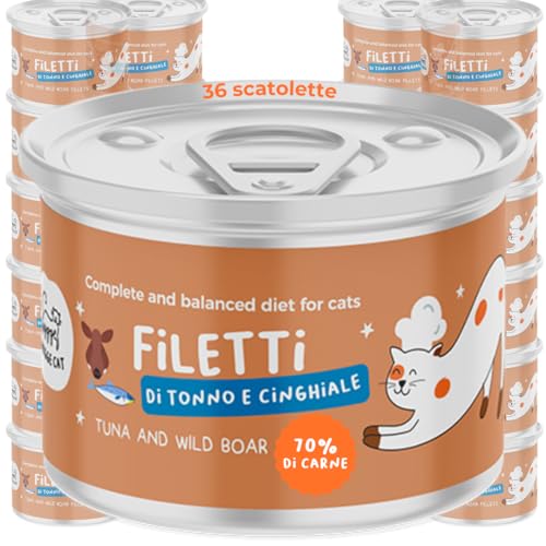 Filetes de atún y jabalí | Alimento húmedo para gatos adultos | Alimento completo con ingredientes naturales | Sin cereales | Rico en proteínas y omega 3 y 6 | 36 x 70 g | Fabricado en Italia | Hygge