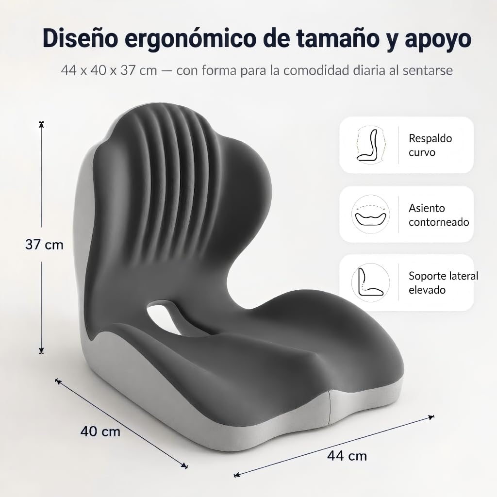 Cojín de asiento ergonómico y soporte lumbar, respaldo de espuma viscoelástica en forma de L para silla de oficina, coche y hogar, corrector de postura integrado con funda lavable (Negro y gris)