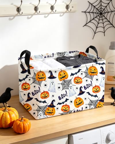 Image of Essme Rectangular Halloween Basket,Ghost Storage Bins Organizer with Handles for Room Decor, Gift Basket.(Watercolor Halloween)