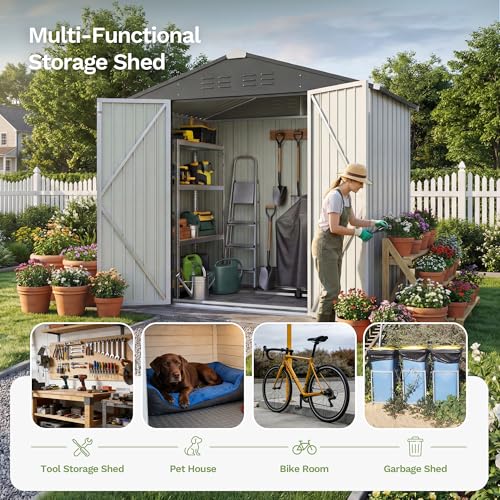 Image of Devoko 6 x 4 FT Storage Sheds with Floor Frame, Waterproof Garden Tool Shed with Lockable Door, Outdoor Metal Utility Shed for Backyard Patio Lawn, White