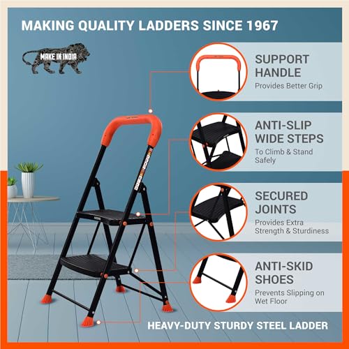 Image of Bathla 2 Step Ascend Steel Ladder for Home Use | Large Platform | (36 x 20.5 cm) | Wide Anti-Skid Steps | Safety Hand Grip | Heavy Duty Foldable | 120 kg Capacity | 2-Year Warranty | Orange & Black