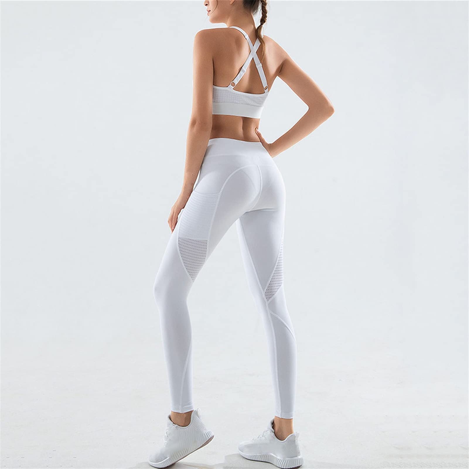 Strój do jogi damski fitness zestaw odzieży sportowej, oddychająca siateczka patchwork zestawy treningowe 2 sztuki sexy crossback sportowy biustonosz z paskiem Crop Top analna podnoszenie szczupłe joga legginsy siłownia bieganie trening najlepsze legginsy