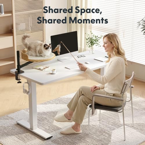 Image of FLEXISPOT EN2 55 inch x 28 inch Standing Desk with Solid Wood Cat Bed Bundle, 1 inch Thick Desktop, Desk-Mounted Cat Perch with Scratcher, White
