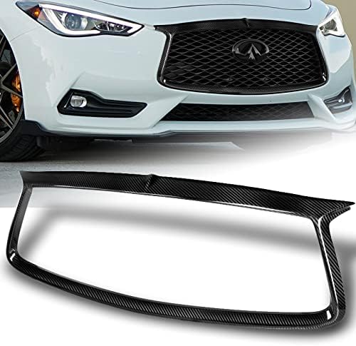 100% Real Carbon Fiber Front Grille Grill Trim Cover fit for compatible with 2017-2022 Infiniti Q60, Add-On Front Bumper Grill Overlay Cover