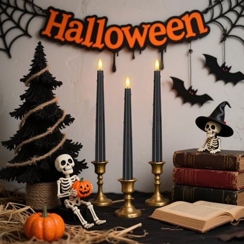 Image of SHENSY 3 Pack Halloween Black Flameless Taper Candles -Drip Real Wax Battery Operated LED Candlesticks with 3D Flickering Flame, Remote & Timer - Haunted Decor for Spooky Tables & Windows