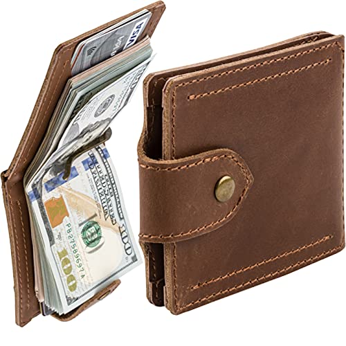 Mens Leather Wallet with Money Clip - ID Window or Coin Pocket - Slim Bifold RFID Blocking - Genuine Thin Minimalist - Gift Idea (Brown2)2