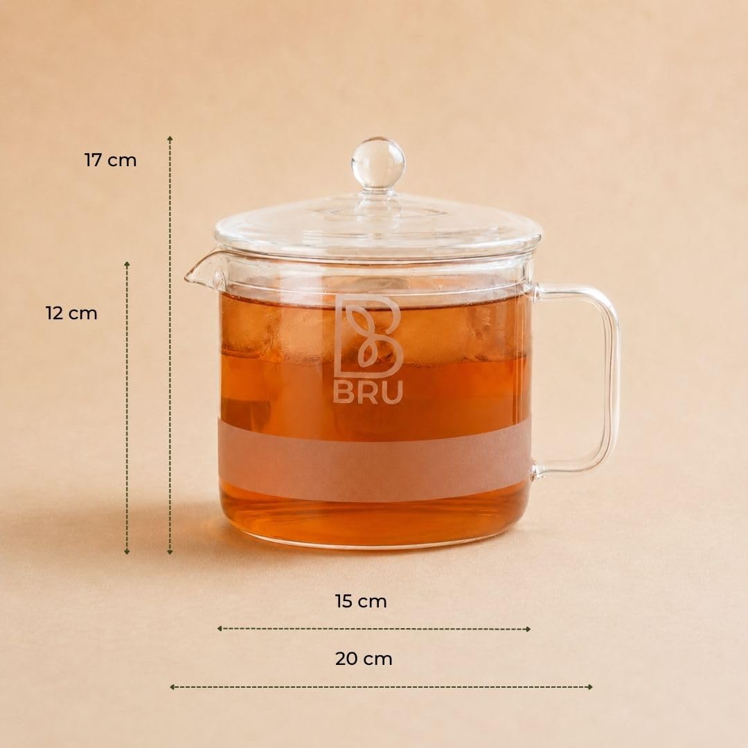 BRU Teekrug 1,4L Borosilikatglas mit Deckel – Handgefertigter Glaskrug mit Anti-Tropf-Ausguss, Spülmaschinenfest, für Tee & Eistee