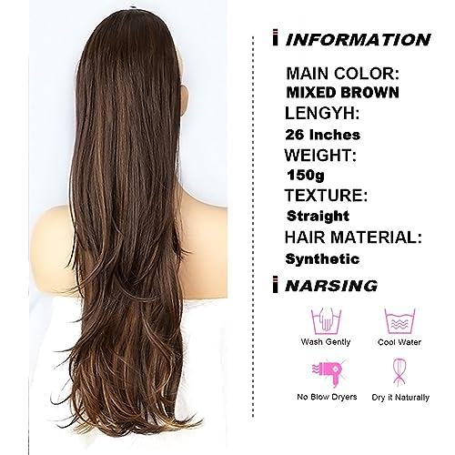 PORSMEER Ponytail Extension,Drawstring Ponytail Hair Extensions Black Mixed Brown 26 Inch Long Natural Straight Wavy End Synthetic Hairpiece for Women Girls Daily Use - Image 2