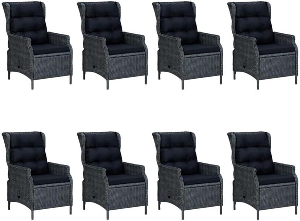 BOWERY HILL 9-Piece Outdoor Dining Set, Synthetic Poly Rattan, Dark Gray, Powder-Coated Frame, Tempered Glass Tabletop, Cushioned Seats, Reclining Chairs, Weather-Resistant Patio or Garden Furniture