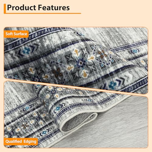 GlowSol Area Rug 9x12 Washable Rugs Gray Geometric Printed Rug Border Mat Foldable Solid Rugs Modern Rug Neutral Rug Large Print Rug Non Slip Carpet Living Room Rug Dining Room Office Farmhouse Rug