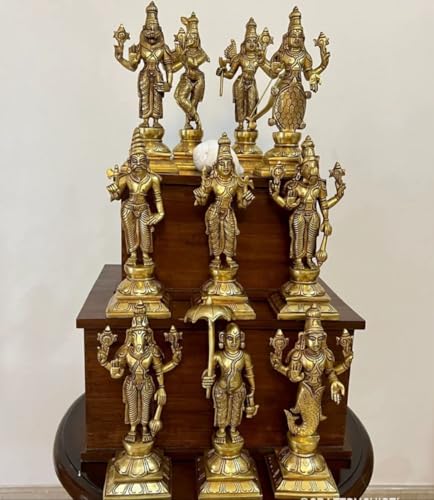 Image of Pure Brass Dashavatar of Lord Vishnu Statues Ten Incarnations Avatars Idol Murti for Mandir Puja Temple (Color: Antique Yellow, Height 6 Inches)