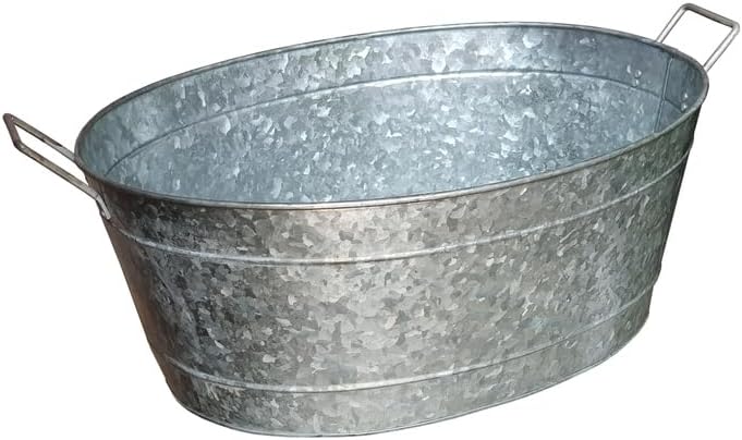 Handcrafted Haven Embossed Design Oval Shape Galvanized Steel Tub with Side Handles, Small, Silver
