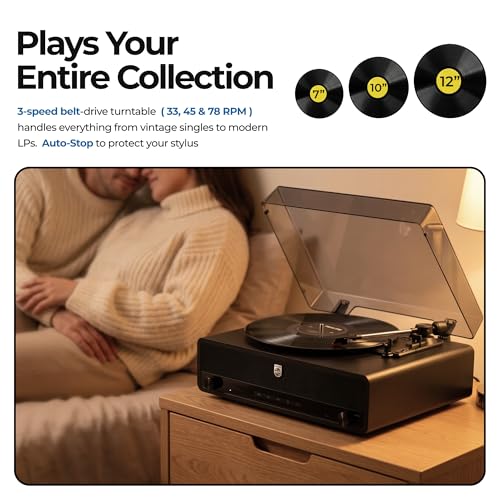 Image of Philips Record Player, All-in-One Bluetooth Turntable with Built-in Speakers, 3-Speed Belt-Drive Vinyl Record Player, Audio-Technica Stylus, Wireless Streaming in & Out, RCA /AUX /Headphone, Auto-Stop