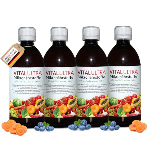 Vital Ultra – 4x480 ml – Mikronährstoffkonzentrat mit Vitaminen, Mineralien, Spurenelementen, Pflanzenstoffen und Omega-3-Fettsäuren - flüssiges Lebensmittel aus über 70 Zutaten - bis zu 240 Portionen
