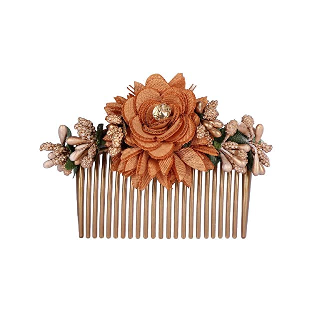BBRATS Multicolour Pack of 3 Acrylic Comb Indo Western Embroidered Fancy Bridal Hair Clip/Side Pin/Comb Pin/Jooda Pin Hair Accessories with Cloth Rose Flower Embroidery for Women and Girls