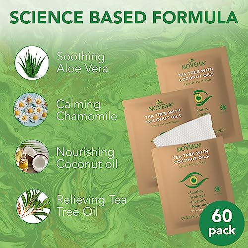 noveha 60pcs tea tree amp coconut oil eyelid amp lash wipes - for demodex blepharitis amp itchy eyes individually wrapped eyelash wipes with aloe vera natural makeup remover amp daily eye cleanser