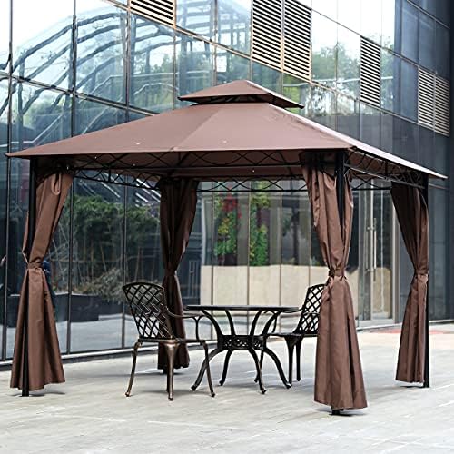 10 x13 inch Square Gazebo Canopy Tent with Frame and Fabric, Heavy Duty Patio Outdoor Tent,Waterproof Tents for Backyard Double Roof Vented BBQ,Family Activity, Party, Brown (BHP-GZ6034-Brown)