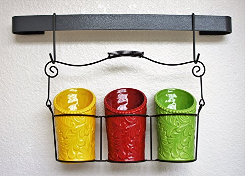 ienjoyware Kitchen Utensil Holder Set (4 Pieces) - 3 Ceramic Crocks & 1 Portable Wire Caddy - Multi-Color - Thumbnail 7
