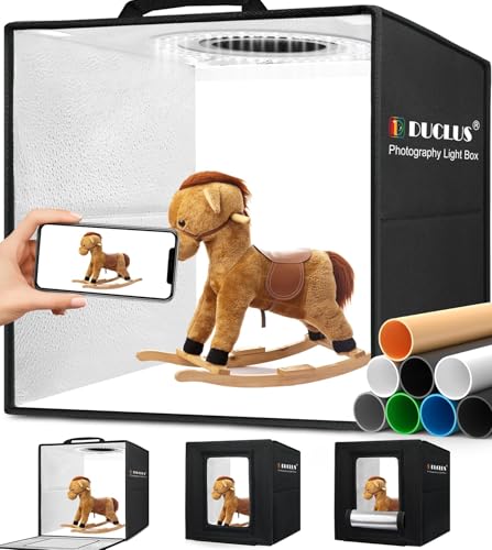 DUCLUS Fotobox zum Fotografieren, 30x30 cm Photobox zum Produktfotografie, Faltbare Mini Fotostudio Set mit Dimmbare 120 LEDs, 8 Glänzende Hintergründe für Lichtzelt zum Schmuck Kleine Gegenstände DUCLUS Fotobox zum Fotografieren, 30x30 cm Photobox zum Produktfotografie, Faltbare Mini Fotostudio Set mit Dimmbare 120 LEDs, 8 Glänzende Hintergründe für Lichtzelt zum Schmuck Kleine Gegenstände