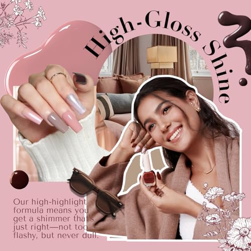 Image of AZUREBEAUTY Nail Polish Set 4 Colors Brown Pink Glitter Nail Polish Quick Dry Natural Nail Lacquer Fingernail Kit with Top Coat DIY Salon Home