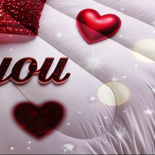 Image of AILONEN Red Crown Comforter Full Size with 2 Pillowcases,Romantic Glitter Hearts Bedding Set 3Pcs for Women Men,I Love You Print Quilt Set for Home Decor