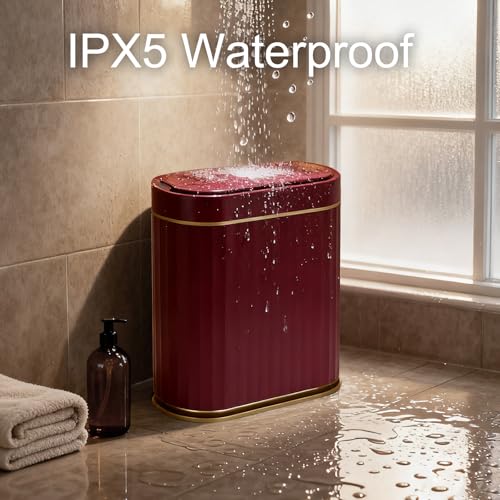Image of ELPHECO 2 Gallon Sensor Trash Can - Motion Sensor Bathroom Garbage Can with Lid, Automatic IPX5 Waterproof Trash Bin, Slim Garbage Bin for Bathroom, Office, Bedroom, Living Room, Burgundy Gold