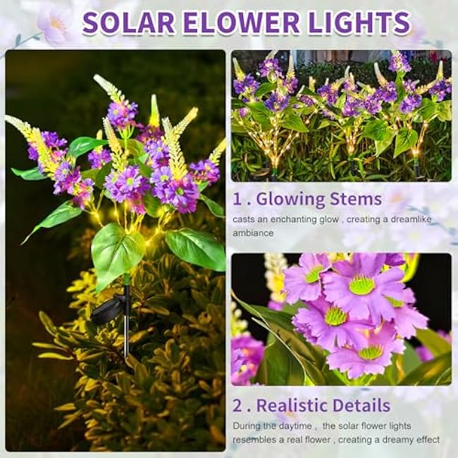 Neporal Solar Flowers Outdoor Waterproof Purple, Lilac Garden Solar Lights Decorative 4PK 8-Stem, 2 Lighting Modes, Solar Powered Garden Decor, Solar Yard Decor