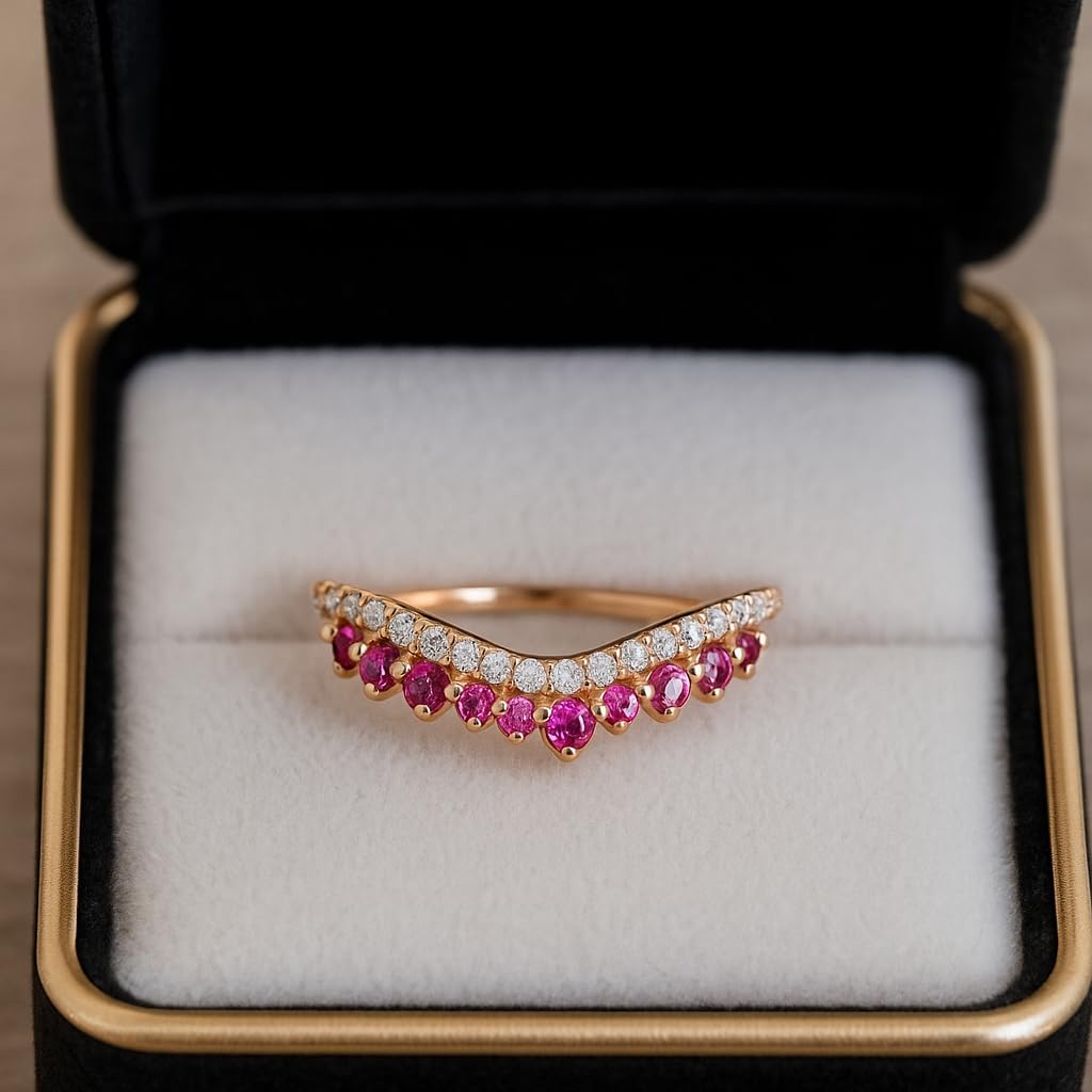 Ruby Diamond V Shaped Enhancer Band for Women 14k Rose Gold Dainty Stacking Ring Curved Wedding Band Anniversary Jewelry Gift for Wife - Image 5