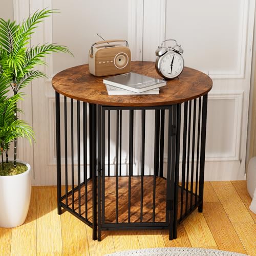 Dog Crate Furniture, Hexagonal Wooden Pet House Dog Crate End Table, Indoor Decorative Dog Kennel Furniture, for Small and Medium Dogs, Cute Puppy Cage Furniture, Rustic Brown - Image 6