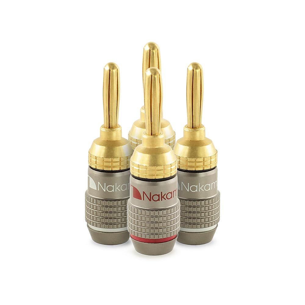 Nakamichi FanLock Excel Series 24k Gold Plated Banana Plug 10 AWG - 18 AWG Gauge Size 4mm for Speakers Amplifier Hi-Fi Stereo Home Theatre Radio Audio Wire Cable Quick Connector, 4 Pcs (2-Pairs)