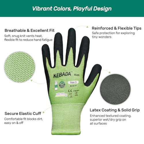 Image of Kebada Toddler Gardening Gloves, Latex Coated, Ages 3-5, 3 Pairs