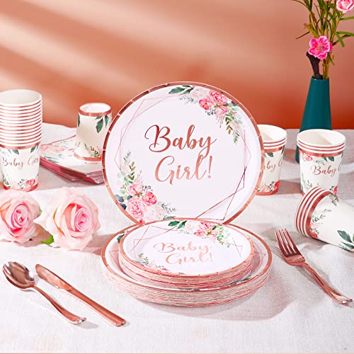 Baby Girl Shower Decorations,Baby Shower Plates And Napkins Party Supplies With Rose Gold Foil, Pink Floral Paper Plates, Napkins, Dessert Plate, Disposable Cups | Tea Party Supplies #TOP1