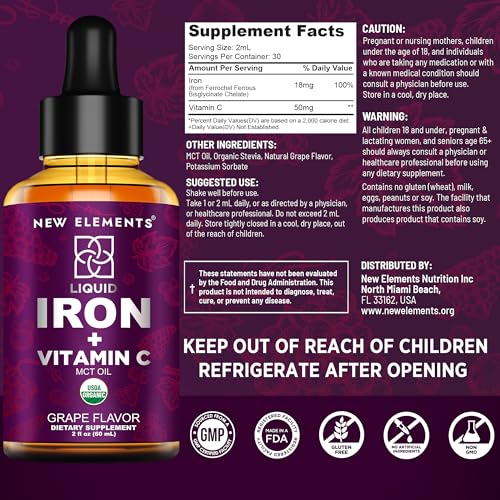 New Elements [2 𝐏𝐚𝐜𝐤] Liquid Iron Supplement For Women & Men With Vitamin C 50 Mg And Iron 18 Mg thumb #2