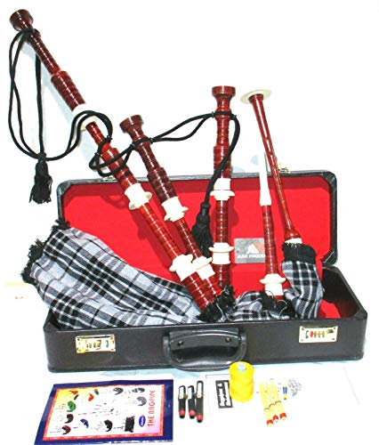 AAR Scottish Great Highland Bagpipes Red Sheesham Wood Finish with Ivory Plastic Mounts full size bag pipes with Tutor Book, and Hard Carry Case