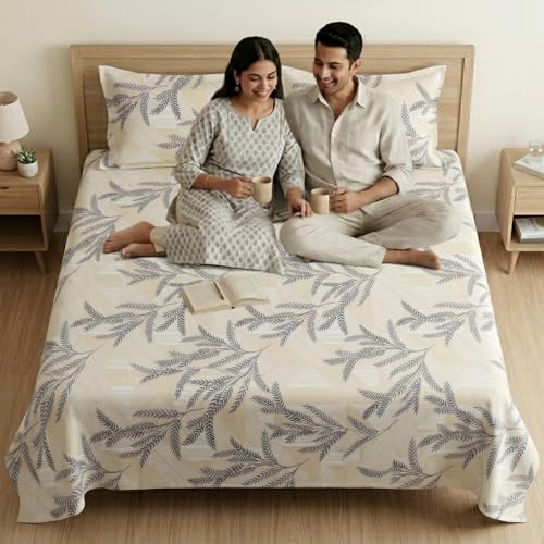Image of Mafatlal 186 TC Metro Cotton King Size Bedsheet | 108 x 108 Inch|Soft, Breathable & Lightweight | Includes 2 Pillow Covers| Cream Black 2