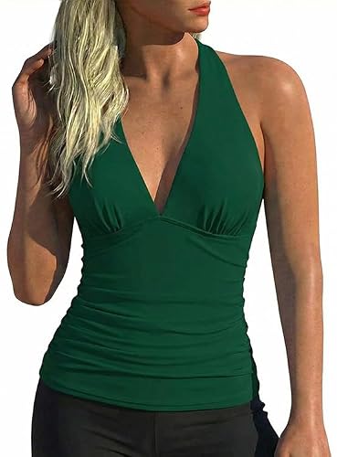 Hilor Women's Plunging V Neck Halter Swim Tops Tummy Control Tankini Top Sexy Swimsuits Green 16